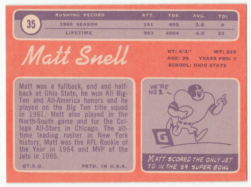 1970 Topps Football #35 Matt Snell back