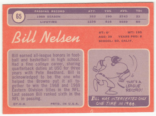 1970 Topps Football #65 Bill Nelsen back