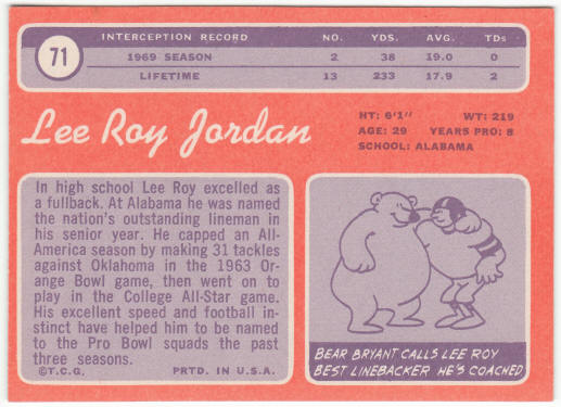 1970 Topps Football #71 Lee Roy Jordan