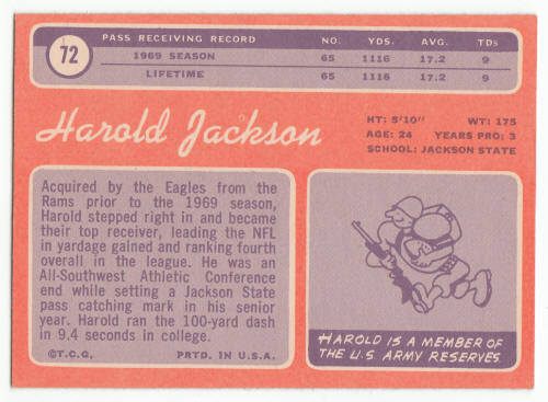 1970 Topps #72 Harold Jackson Rookie Card back