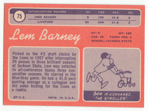 1970 Topps #75 Lem Barney Rookie Card back