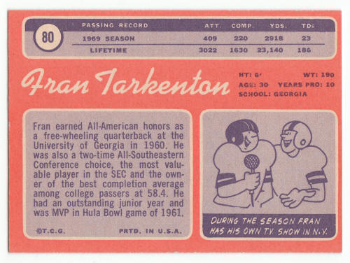 1970 Topps #80 Fran Tarkenton Card back