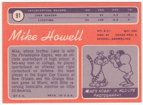 1970 Topps Football #91 Mike Howell Rookie Card back