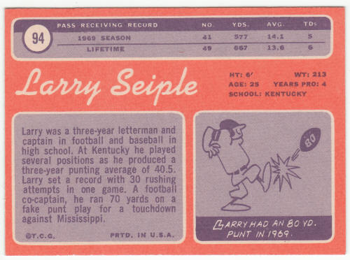 1970 Topps Football #94 Larry Seiple Rookie Card back