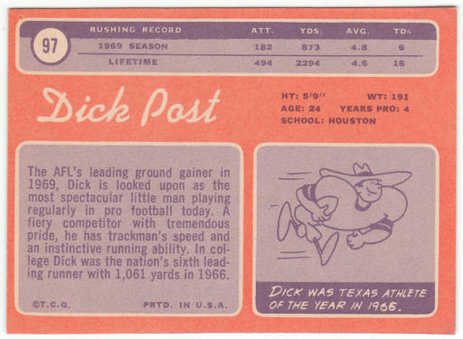 1970 Topps Football #97 Dick Post Rookie Card