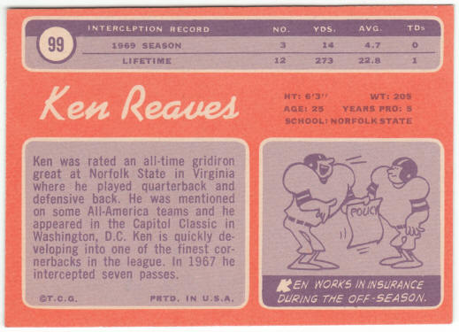1970 Topps Football #99 Ken Reaves Rookie Card