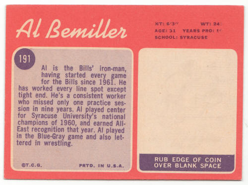 1970 Topps #191 Al Bemiller Football Card back