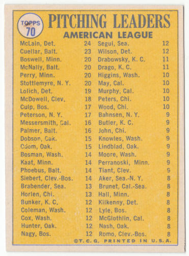 1970 Topps Baseball #70 AL Pitching Leaders