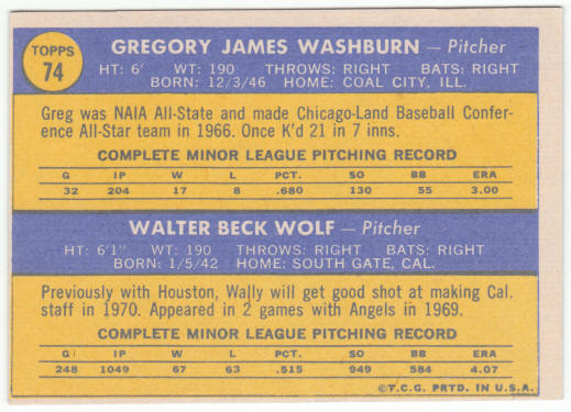 1970 Topps Baseball #74 Angels Rookies Greg Washburn Wally Wolf