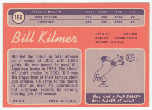 1970 Topps Football #166 Billy Kilmer back