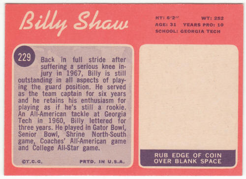 1970 Topps #229 Billy Shaw back