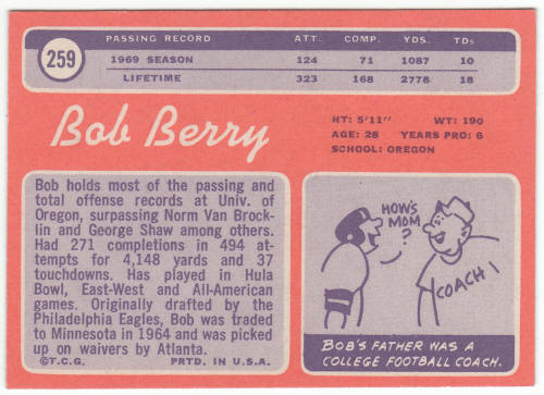 1970 Topps #259 Bob Berry Rookie Card back