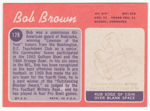 1970 Topps Football #178 Bob Brown back