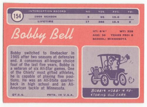 1970 Topps #154 Bobby Bell Football Card back