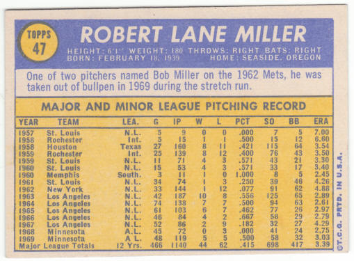 1970 Topps Baseball #47 Bob Miller