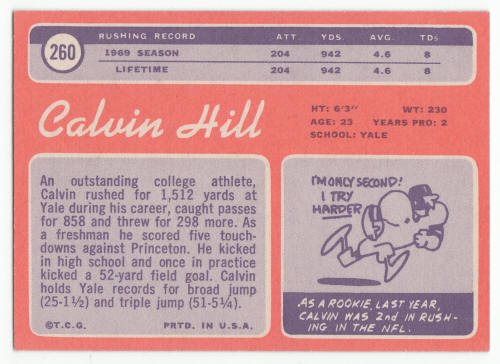 1970 Topps #260 Calvin Hill Football Rookie Card back