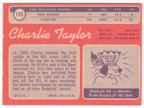 1970 Topps Football #145 Charley Taylor UER back