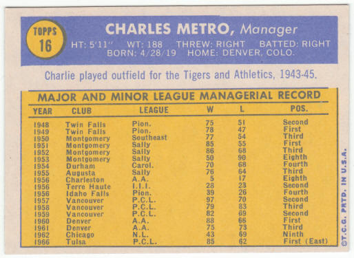 1970 Topps Baseball #16 Charlie Metro Rookie Card