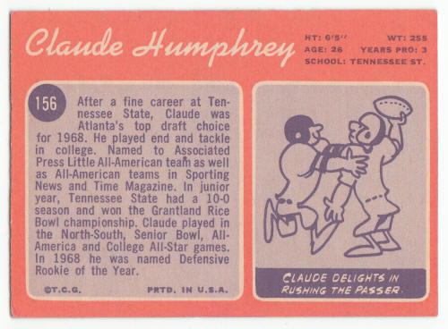 1970 Topps #156 Claude Humphrey Football Rookie Card back
