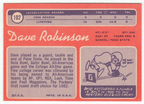 1970 Topps Football #102 Dave Robinson back