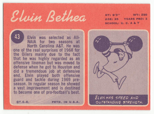 1970 Topps #43 Elvin Bethea Rookie Card back