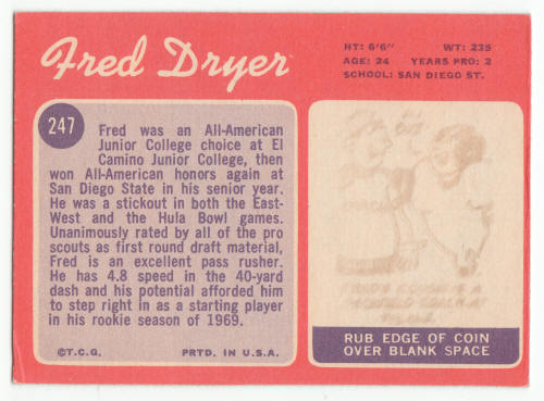 1970 Topps #247 Fred Dryer Football Rookie Card back