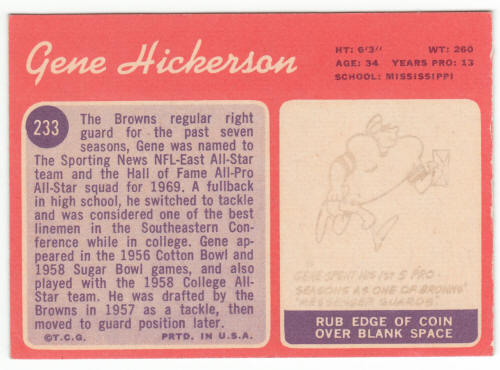 1970 Topps Football #233 Gene Hickerson back