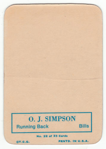 1970 Topps Glossy Insert 22 O J Simpson Rookie Card back