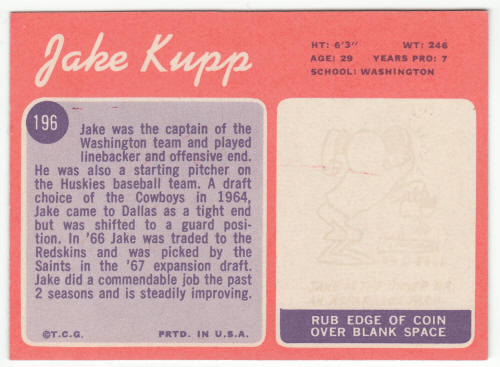 1970 Topps #196 Jake Kupp Rookie Card back