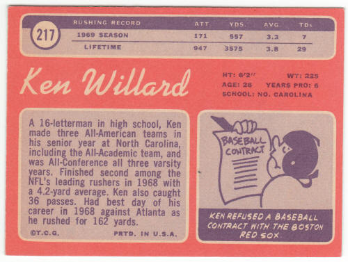 1970 Topps #217 Ken Willard back