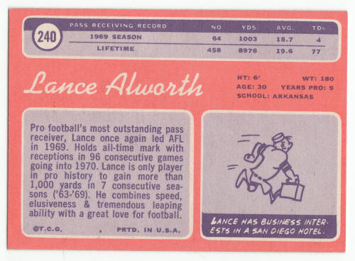 1970 Topps #240 Lance Alworth Football Card back