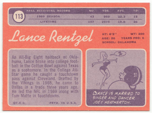1970 Topps #113A lance Rentzel back