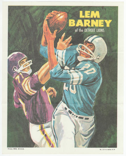 1970 Topps Insert Poster Lem Barney #12 Rookie Year