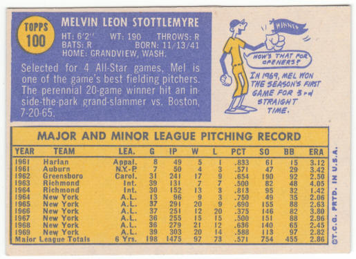 1970 Topps Baseball #100 Mel Stottlemyre