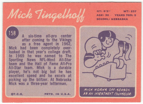 1970 Topps Football #158 Mick Tingelhoff back