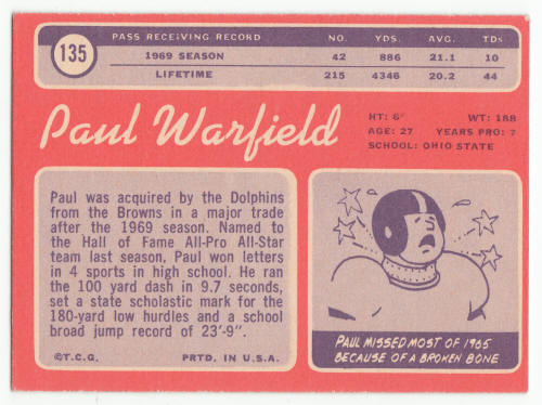 1970 Topps #135 Paul Warfield Football Card back