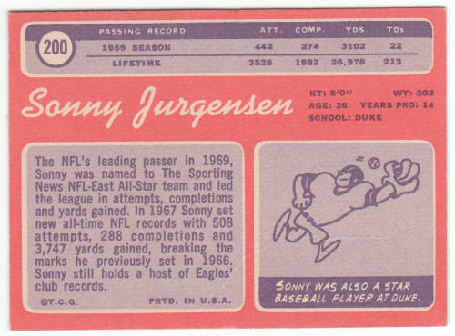 1970 Topps Football #200 Sonny Jurgensen back