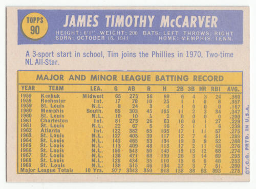 1970 Topps #90 Tim McCarver baseball card back