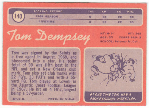 1970 Topps Football #140 Tom Dempsey Rookie Card back