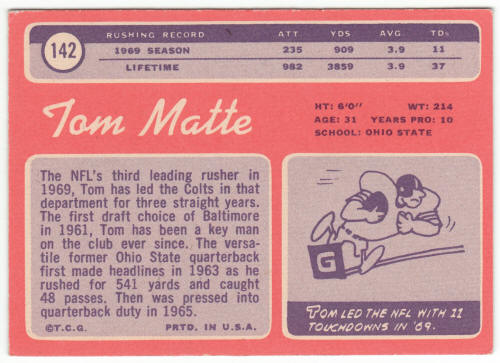 1970 Topps Football #142 Tom Matte back