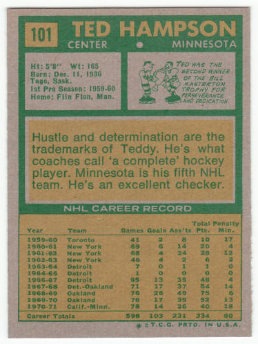 1971-72 Topps Hockey #101 Ted Hampson