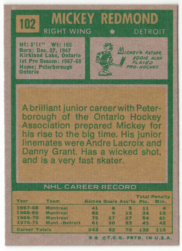 1971-72 Topps #102 Mickey Redmond back