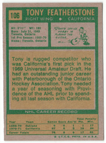1971-72 Topps Hockey #106 Tony Featherstone Rookie Card
