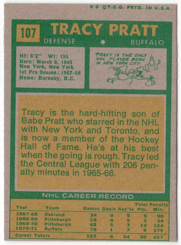 1971-72 Topps Hockey #107 Tracy Pratt