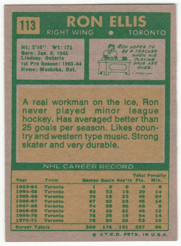 1971-72 Topps Hockey Card #113 Ron Ellis