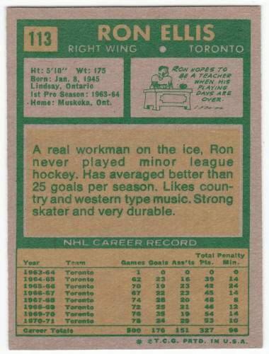 1971-72 Topps Hockey Card #113 Ron Ellis