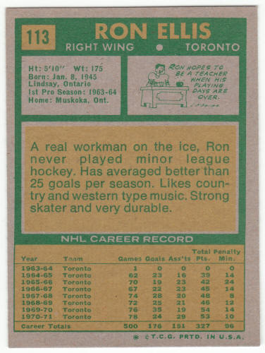 1971-72 Topps Hockey Card #113 Ron Ellis