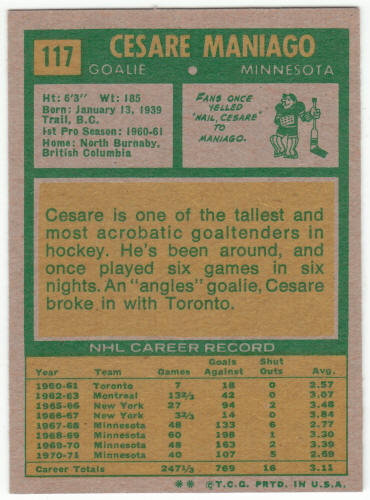 1971-72 Topps Hockey #117 Cesare Maniago