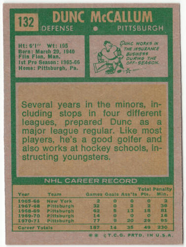 1971-72 Topps Hockey #132 Dunc McCallum Rookie Card back