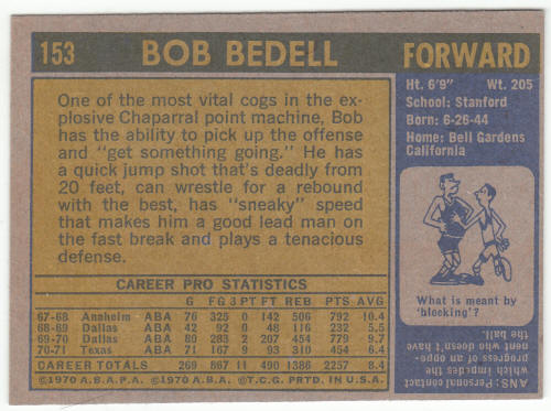 1971-72 Topps Basketball #153 Bob Bedell Card back